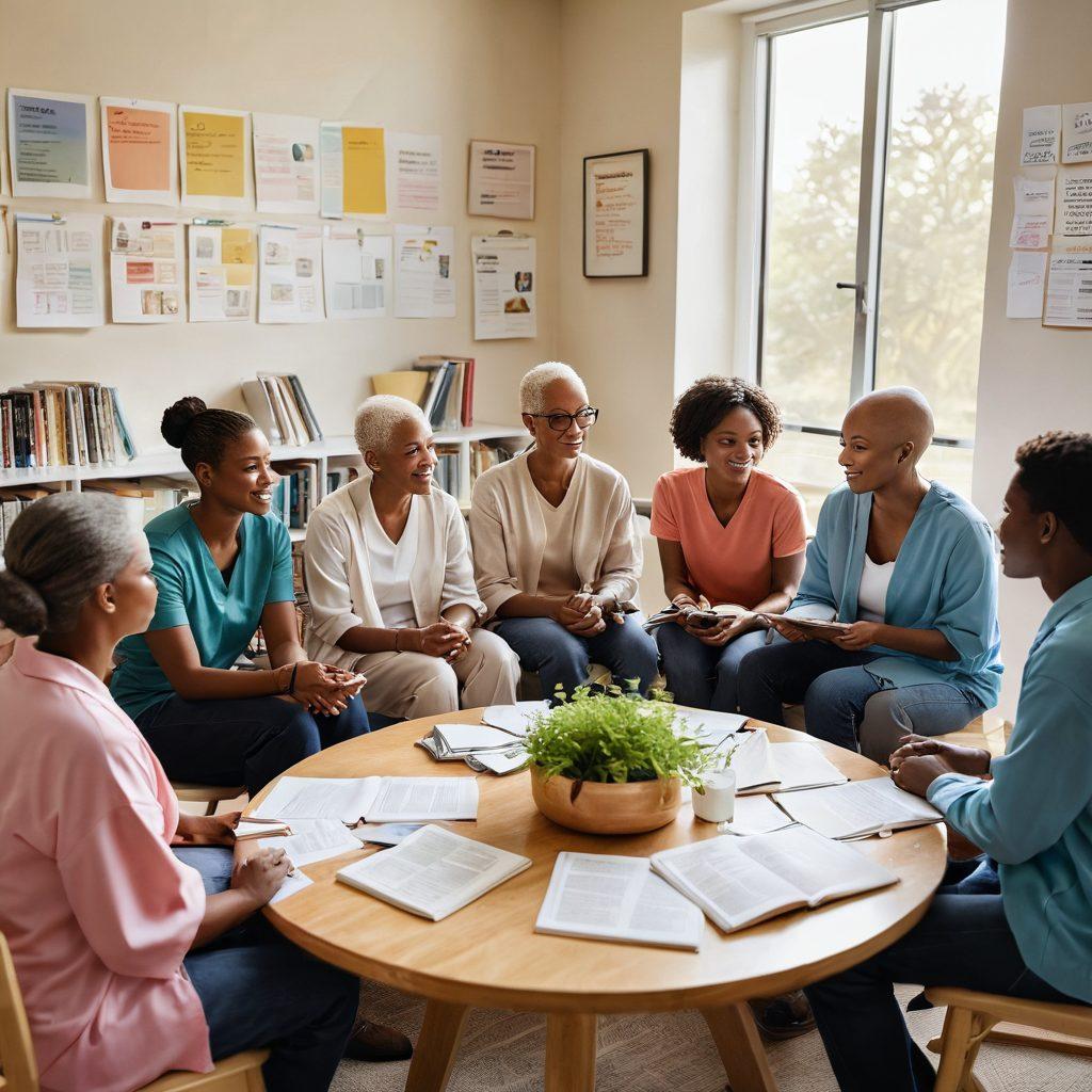 A serene and uplifting scene depicting a diverse group of cancer patients engaged in a supportive community meeting, surrounded by books and resources symbolizing knowledge. In the background, a soft sunrise symbolizes hope and recovery. Include elements like a whiteboard with motivational quotes and a table with health pamphlets. The ambiance is warm and inviting, promoting empowerment and healing. vibrant colors. super-realistic.