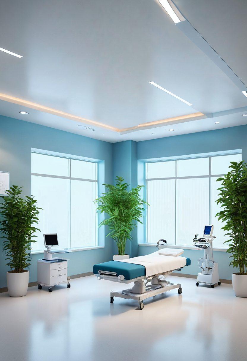 A serene blend of modern medical technology and holistic wellness, showcasing a diverse team of doctors discussing innovative oncology treatments in a bright, spacious clinic. Include elements like plants symbolizing healing, advanced medical devices, and happy patients. The atmosphere should be warm and inviting, with soft lighting and a color palette of greens and blues. super-realistic. vibrant colors. 3D.